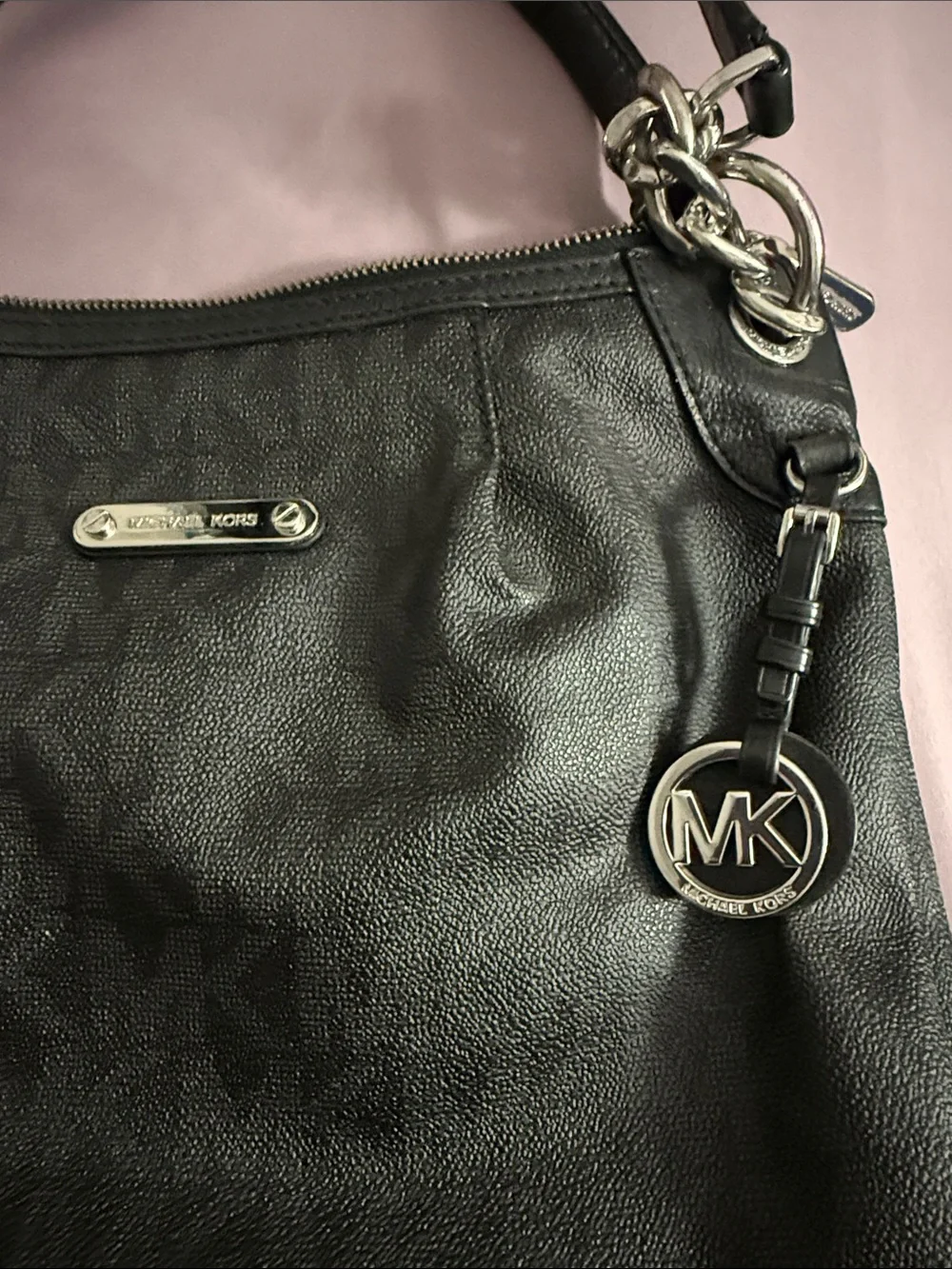 Michael Kors Black Logo-Print Leather Shoulder Bag with Silver Hardware